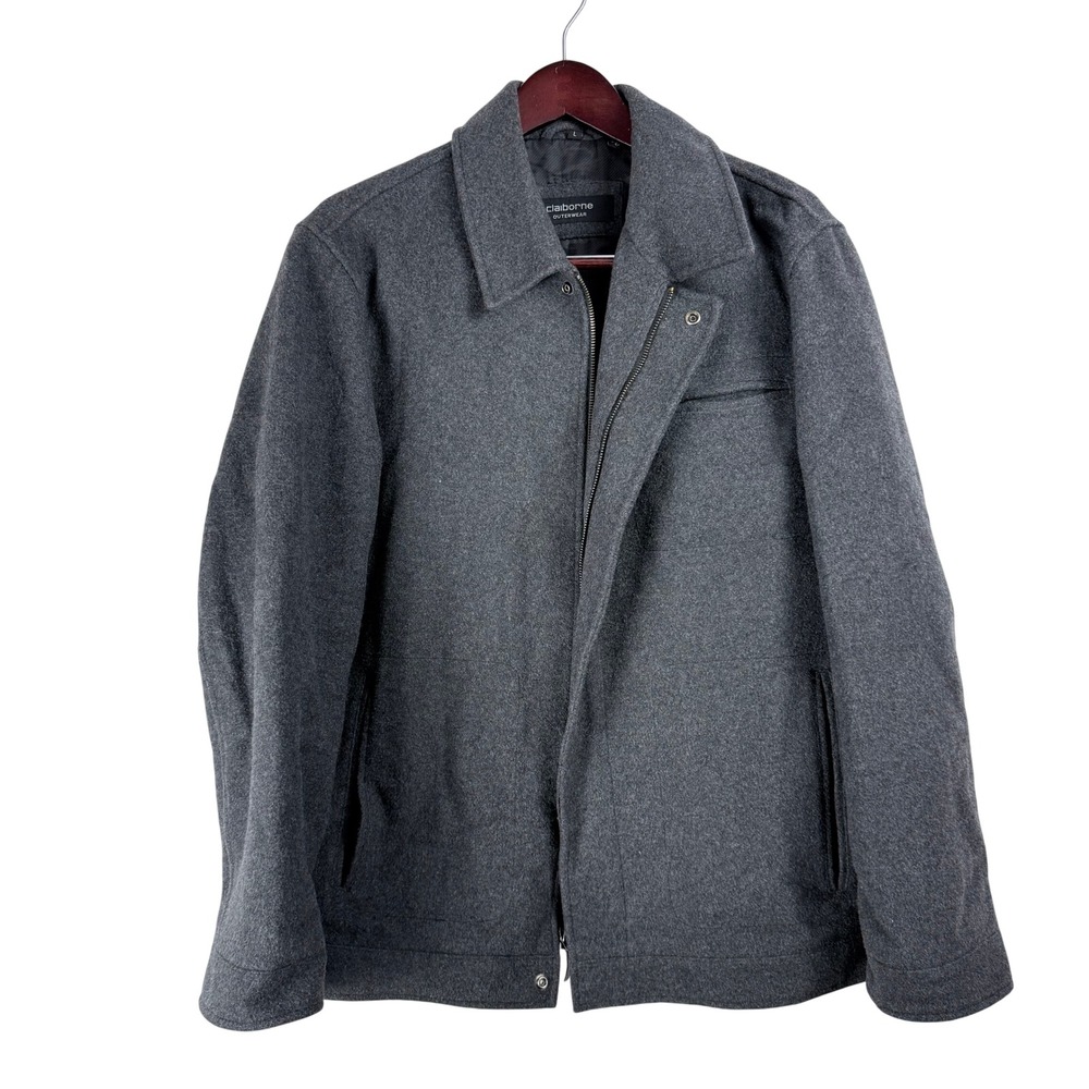 Claiborne Wool Blend Jacket Large Gray Full Zip Coat Dark Academia Minimalist